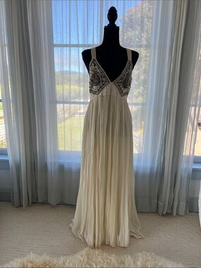 Anthropologie Ivory Embellished V-Neck Maxi Dress